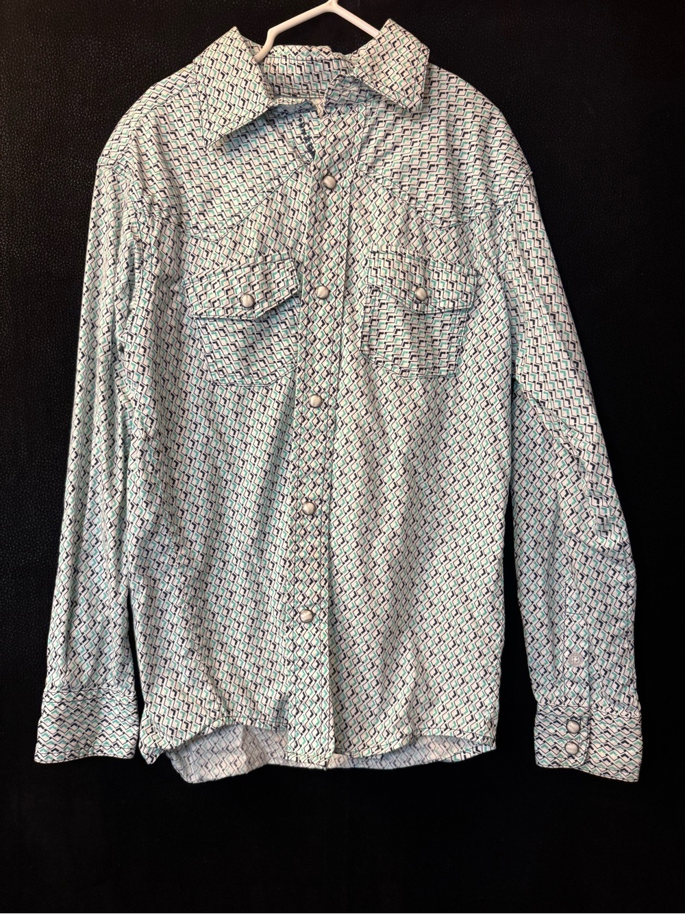 Cinch Boys Western Snap Shirt Size S 6-8 Teal Geometric Print Long Sleeve